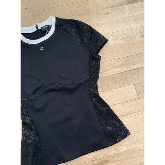Chanel 24C Black White Crystal CC Logo Neoprene Stretch Jersey Top T Shirt 38 - Picture 6 of 16
